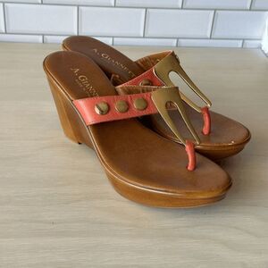 A. Giannetti Coral Leather Wedge Thong Sandals Size 7